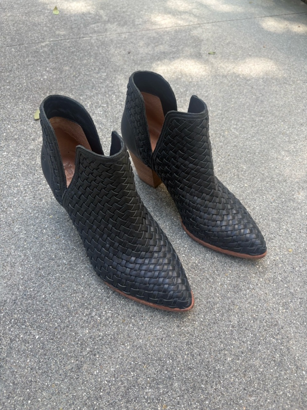Frye Black Woven Leather Pointed Ankle Booties